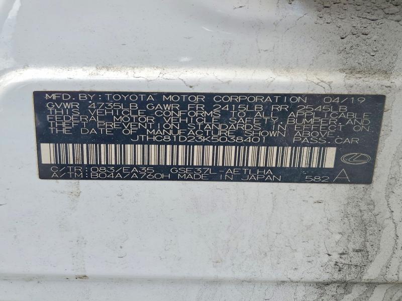 47334046 :رقم المزاد ، JTHC81D23K5038401 vin ، 2019 Lexus Is 300 مزاد بيع
