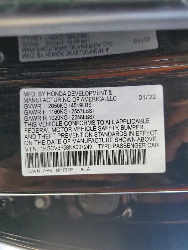 54312026 :رقم المزاد ، 1HGCV3F58NA007249 vin ، 2022 Honda Accord مزاد بيع