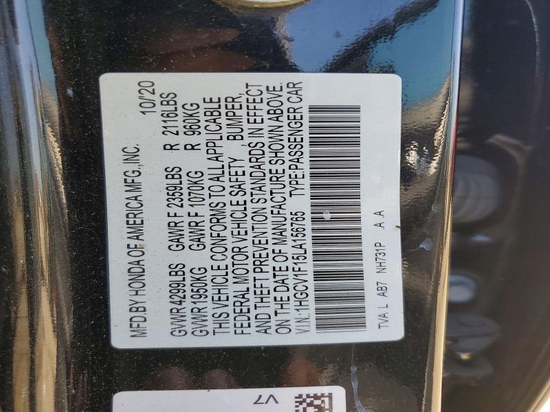54485346 :رقم المزاد ، 1HGCV1F15LA156765 vin ، 2020 Honda Accord مزاد بيع