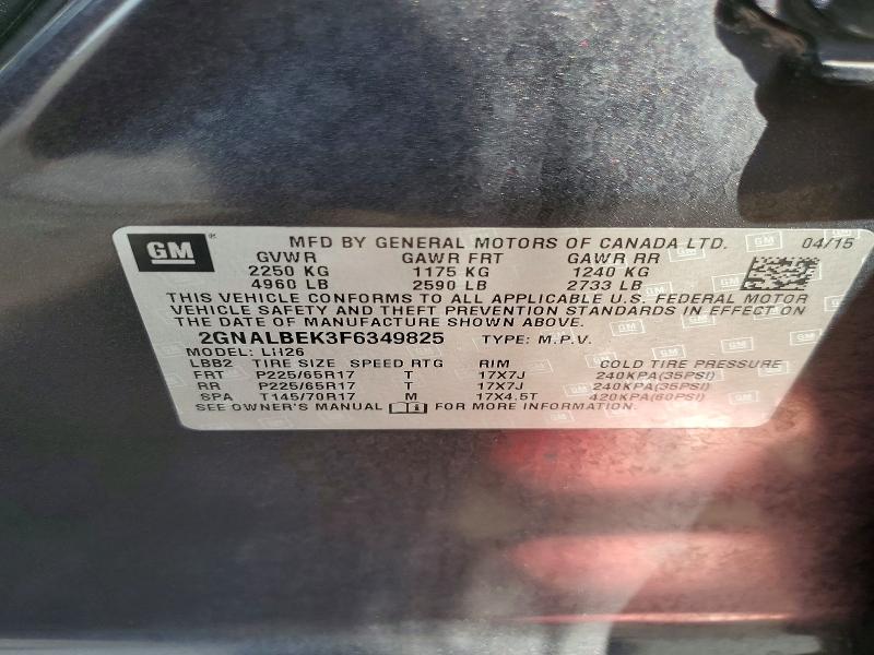 Aukcja sprzedaży 2015 Chevrolet Equinox, vin: 2GNALBEK3F6349825, numer aukcji: 52303256