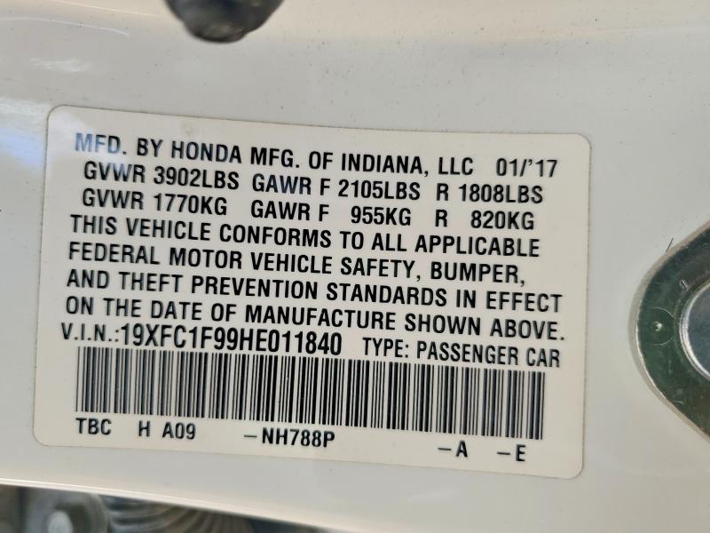 Продажа на аукционе авто 2017 Honda Civic, vin: 19XFC1F99HE011840, номер лота: 52429776