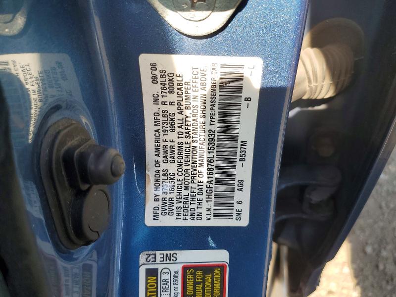 Продаж на аукціоні авто 2006 Honda Civic, vin: 1HGFA16876L153932, номер лоту: 54414866