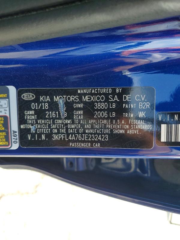 52340646 :رقم المزاد ، 3KPFL4A76JE232423 vin ، 2018 Kia Forte مزاد بيع