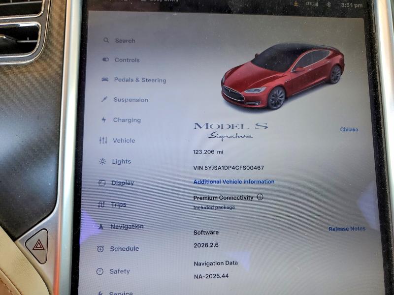 2012 Tesla Model S მანქანა იყიდება აუქციონზე, vin: 5YJSA1DP4CFS00467, აუქციონის ნომერი: 51828846