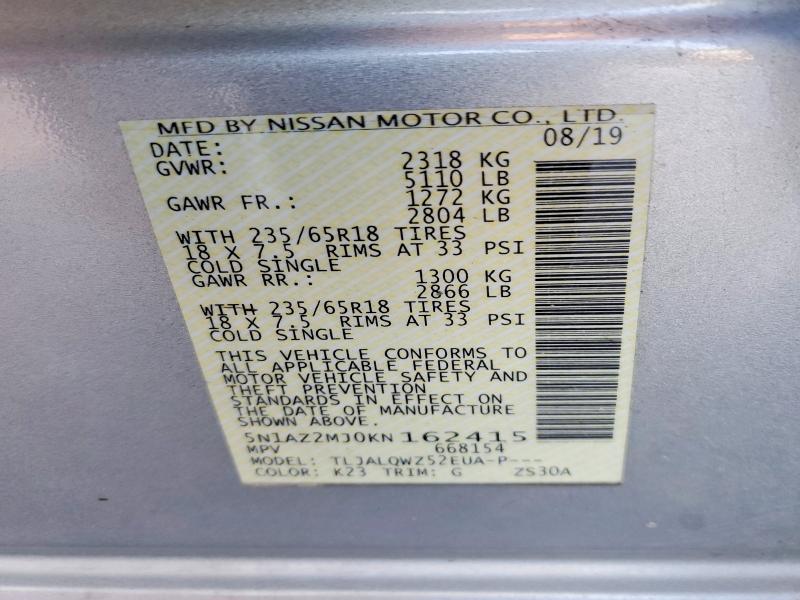 Продаж на аукціоні авто 2019 Nissan Murano, vin: 5N1AZ2MJ0KN162415, номер лоту: 52537976