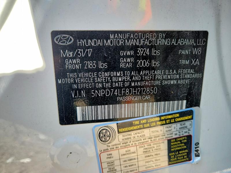 53122556 :رقم المزاد ، 5NPD74LF8JH212850 vin ، 2018 Hyundai Elantra مزاد بيع
