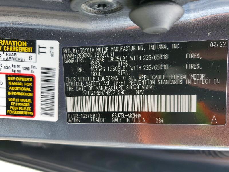 2022 Toyota Highlander მანქანა იყიდება აუქციონზე, vin: 5TDGZRBH7NS571596, აუქციონის ნომერი: 54332876