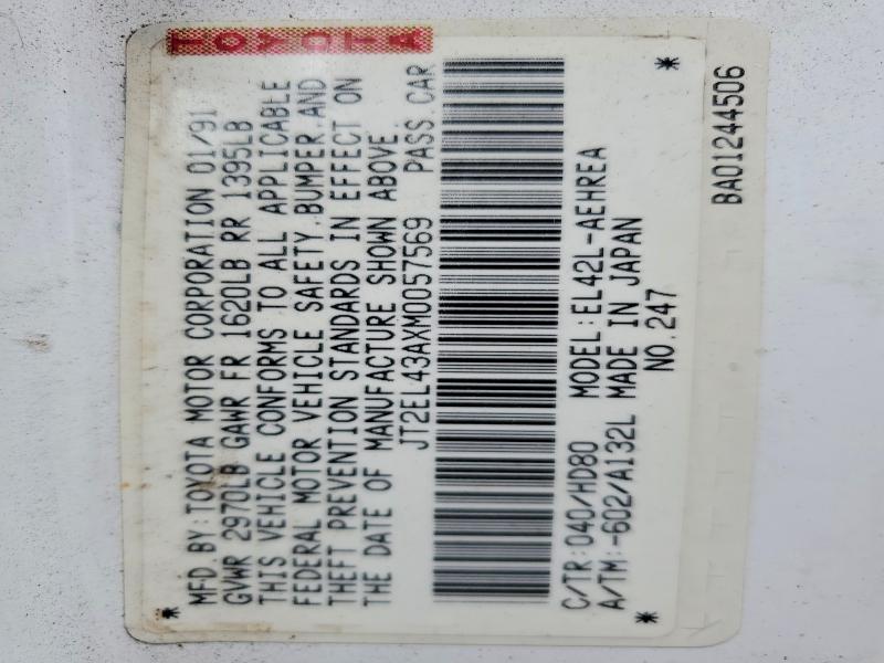 1991 Toyota Tercel მანქანა იყიდება აუქციონზე, vin: JT2EL43AXM0057569, აუქციონის ნომერი: 55188226