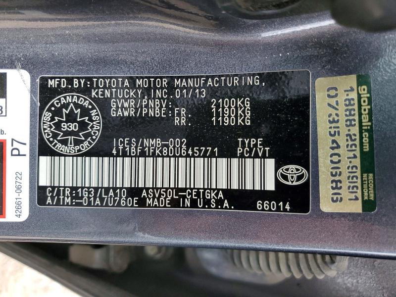 2013 Toyota Camry მანქანა იყიდება აუქციონზე, vin: 4T1BF1FK8DU645771, აუქციონის ნომერი: 50990166