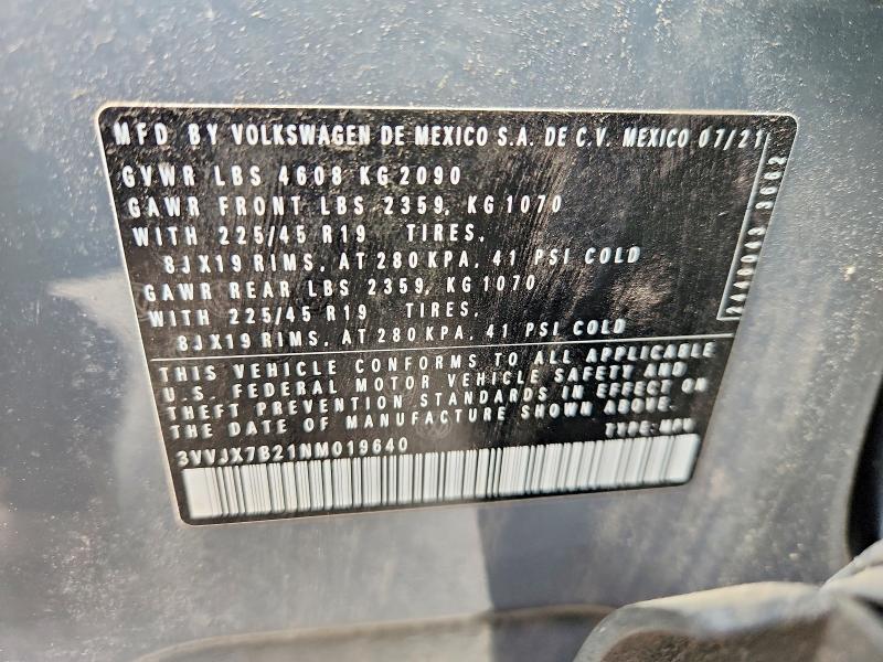 2022 Volkswagen Taos მანქანა იყიდება აუქციონზე, vin: 3VVJX7B21NM019640, აუქციონის ნომერი: 54898866