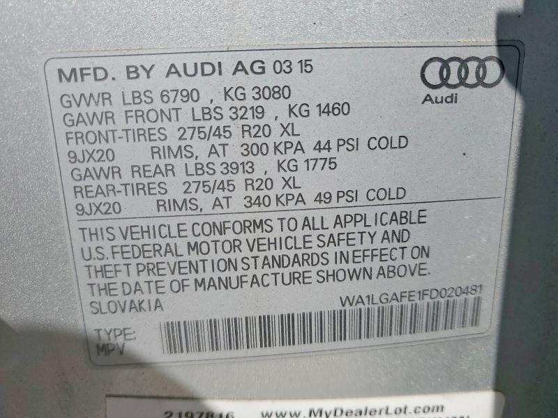 Aukcja sprzedaży 2015 Audi Q7, vin: WA1LGAFE1FD020481, numer aukcji: 52390176