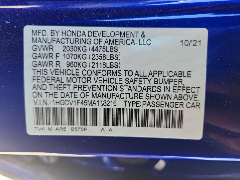 2021 Honda Accord მანქანა იყიდება აუქციონზე, vin: 1HGCV1F45MA113216, აუქციონის ნომერი: 54910426