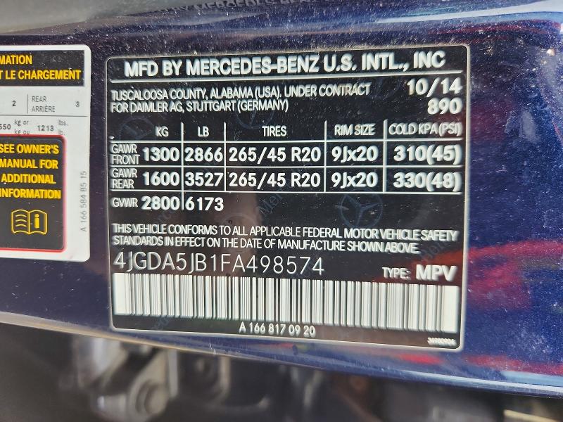 55214886 :رقم المزاد ، 4JGDA5JB1FA498574 vin ، 2015 Mercedes-benz Ml مزاد بيع