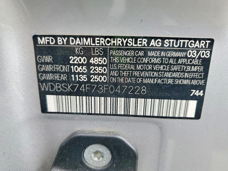 2003 Mercedes-benz Sl მანქანა იყიდება აუქციონზე, vin: WDBSK74F73F047228, აუქციონის ნომერი: 55399116