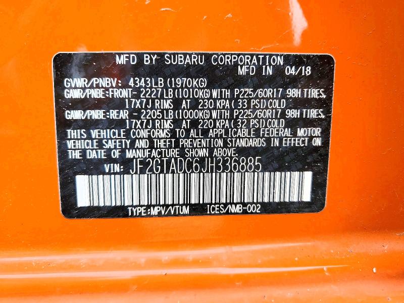 53038426 :رقم المزاد ، JF2GTADC6JH336885 vin ، 2018 Subaru Crosstrek مزاد بيع