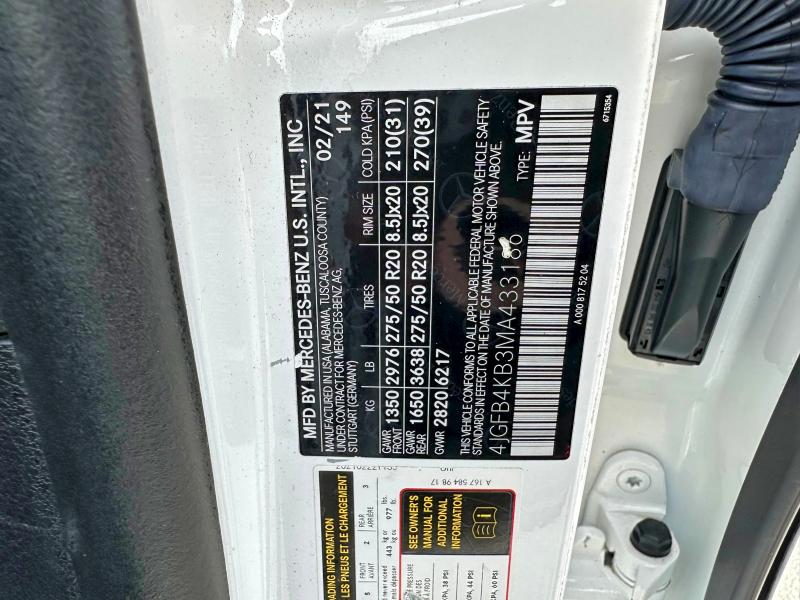 54768516 :رقم المزاد ، 4JGFB4KB3MA433186 vin ، 2021 Mercedes-benz Gle مزاد بيع