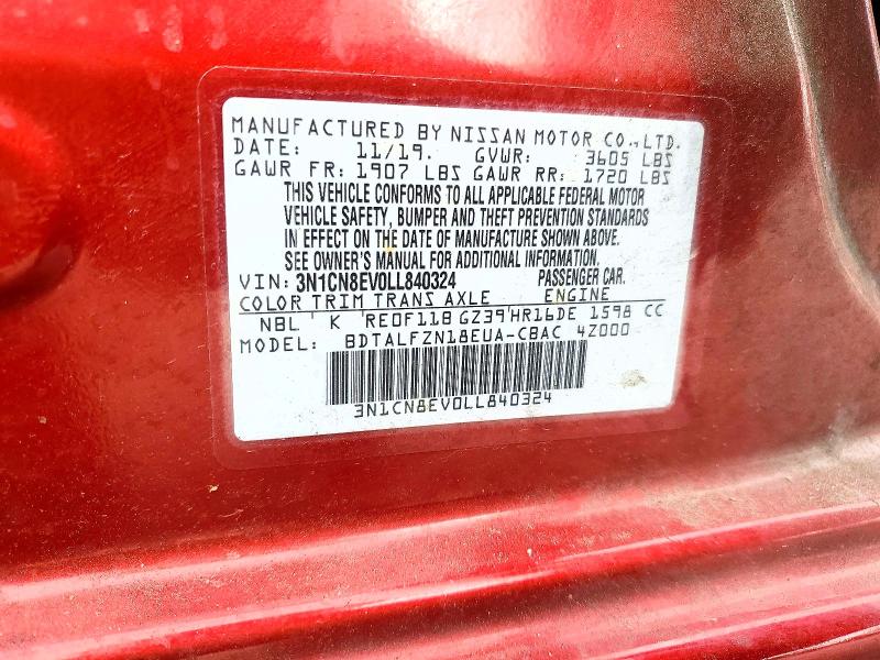 49898706 :رقم المزاد ، 3N1CN8EV0LL840324 vin ، 2020 Nissan Versa مزاد بيع