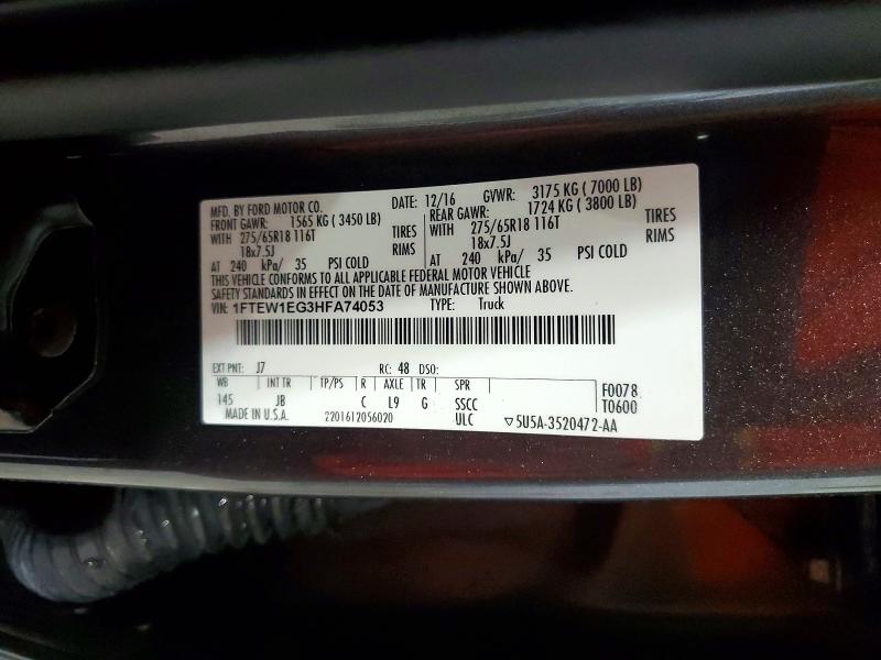 Продаж на аукціоні авто 2017 Ford F150, vin: 1FTEW1EG3HFA74053, номер лоту: 54021416