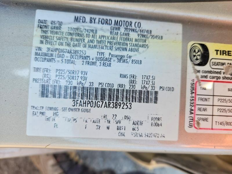 Продаж на аукціоні авто 2010 Ford Fusion, vin: 3FAHP0JG7AR389253, номер лоту: 52070936