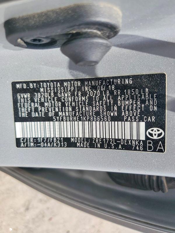 Aukcja sprzedaży 2019 Toyota Corolla, vin: 5YFBURHE1KP866560, numer aukcji: 53688026