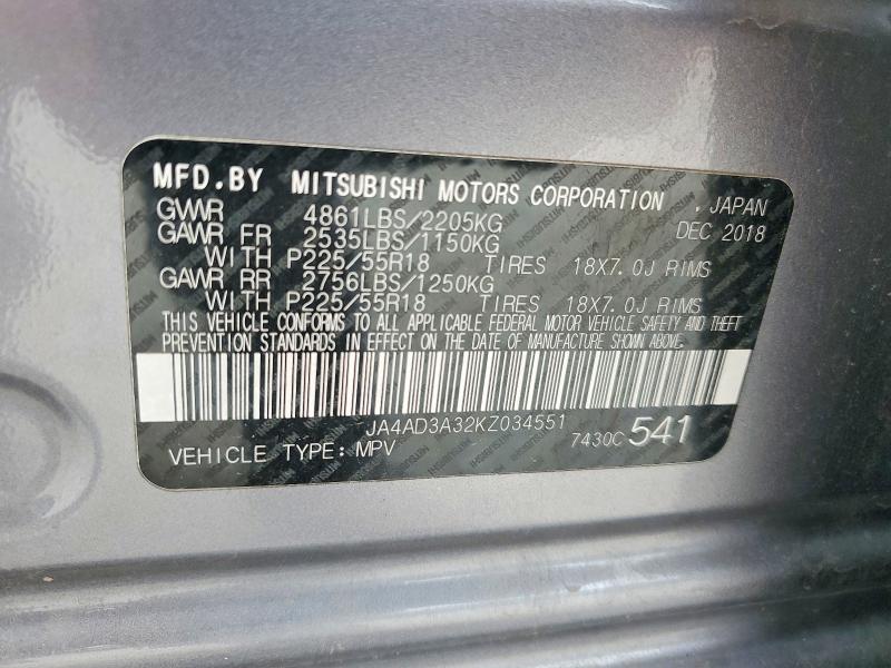 Продаж на аукціоні авто 2019 Mitsubishi Outlander, vin: JA4AD3A32KZ034551, номер лоту: 52201866