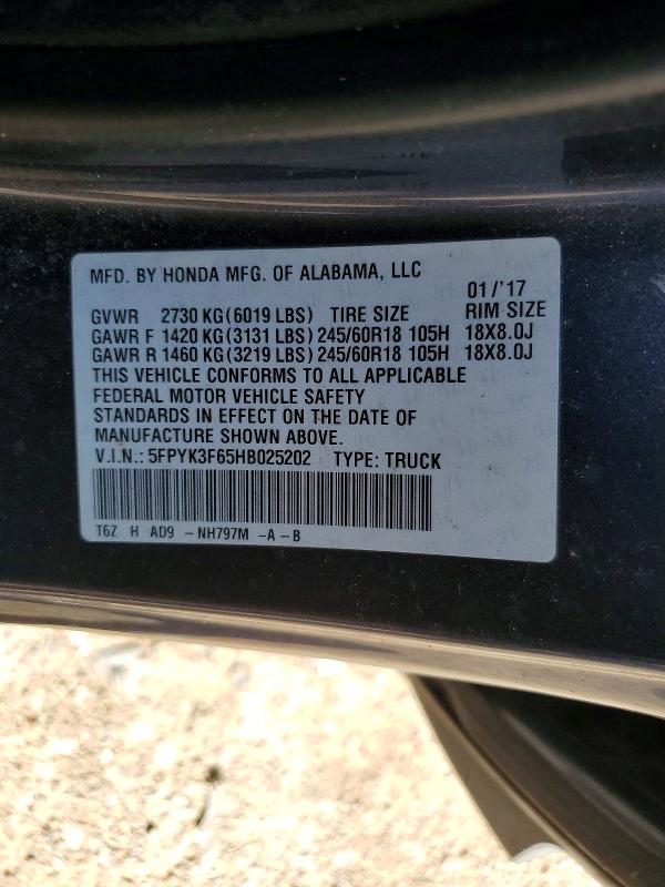 2017 Honda Ridgeline მანქანა იყიდება აუქციონზე, vin: 5FPYK3F65HB025202, აუქციონის ნომერი: 54970906