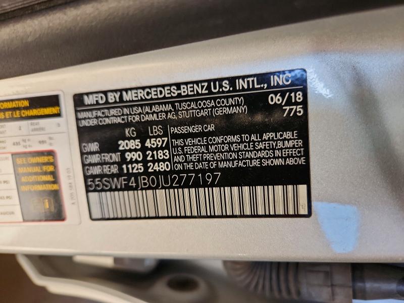 54899066 :رقم المزاد ، 55SWF4JB0JU277197 vin ، 2018 Mercedes-benz C مزاد بيع