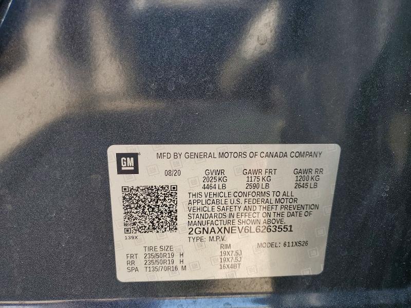 Auction sale of the 2020 Chevrolet Equinox, vin: 2GNAXNEV6L6263551, lot number: 53753166