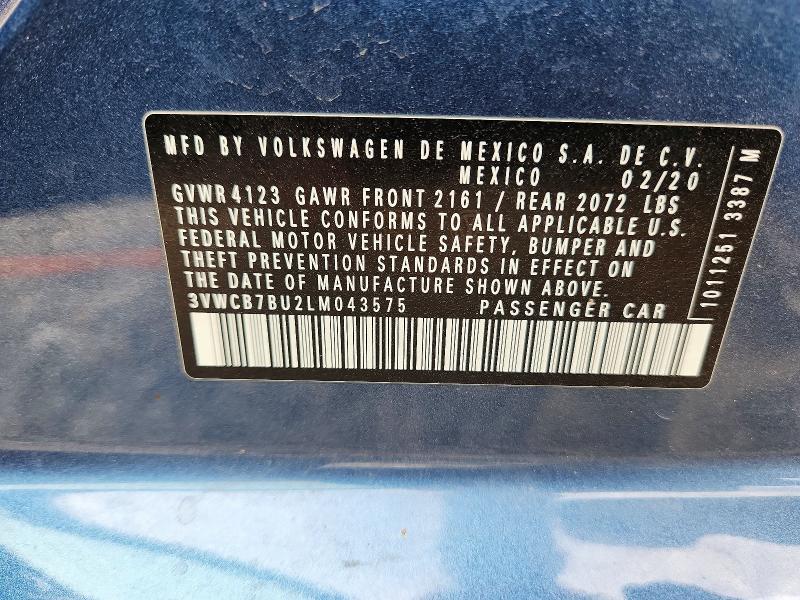 55409806 :رقم المزاد ، 3VWCB7BU2LM043575 vin ، 2020 Volkswagen Jetta مزاد بيع