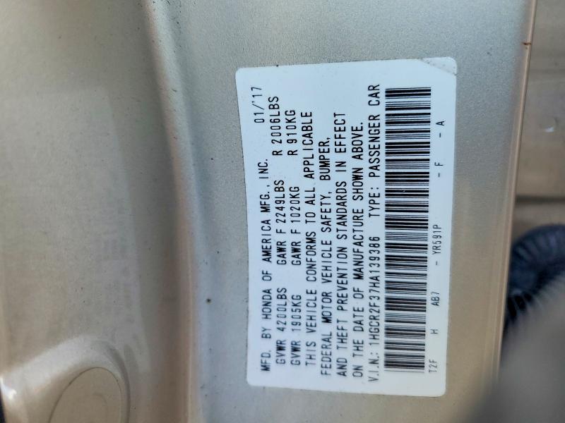 Продажа на аукционе авто 2017 Honda Accord, vin: 1HGCR2F37HA139386, номер лота: 53722906
