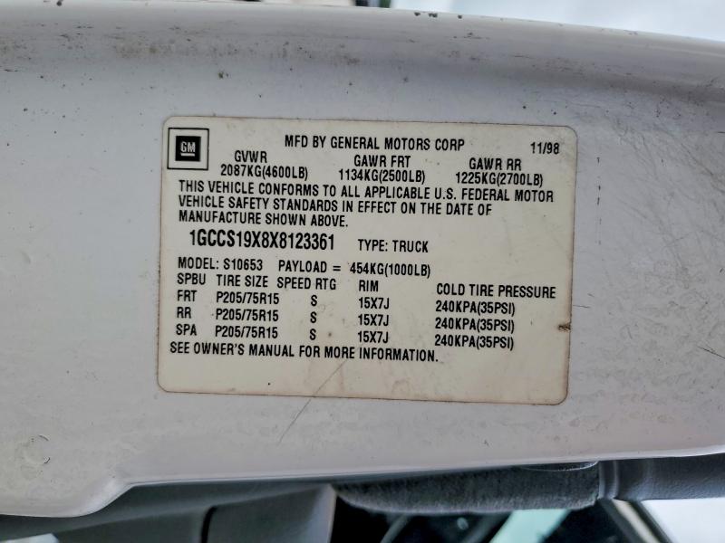 Продажа на аукционе авто 1999 Chevrolet S Truck, vin: 1GCCS19X8X8123361, номер лота: 50768106