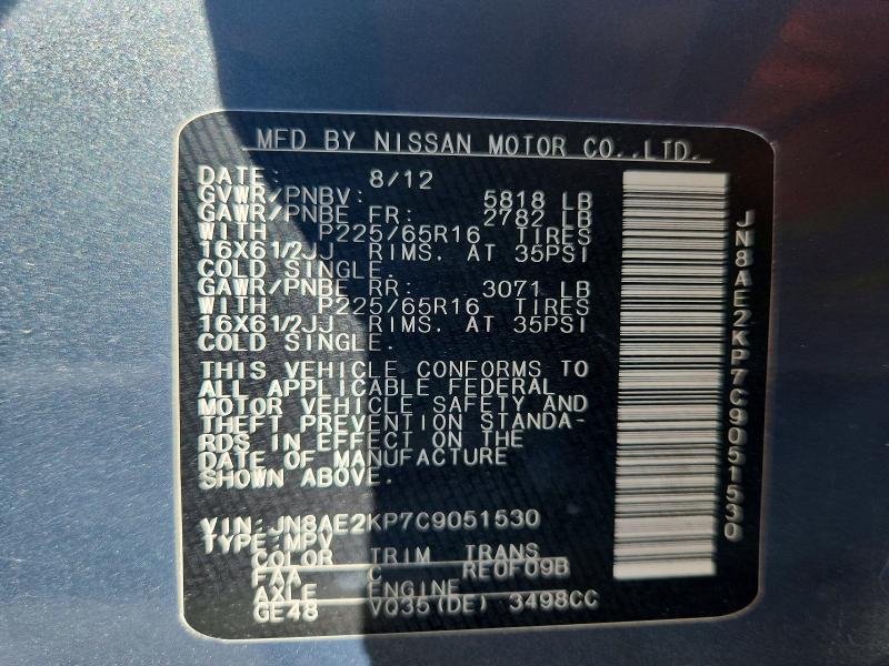 Aukcja sprzedaży 2012 Nissan Quest, vin: JN8AE2KP7C9051530, numer aukcji: 53104596