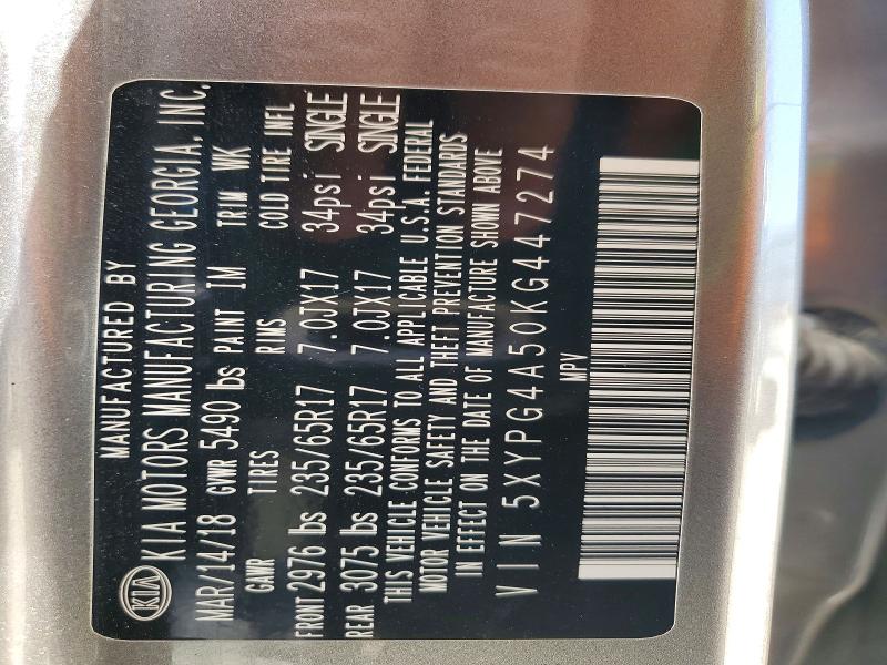 54237456 :رقم المزاد ، 5XYPG4A50KG447274 vin ، 2019 Kia Sorento مزاد بيع