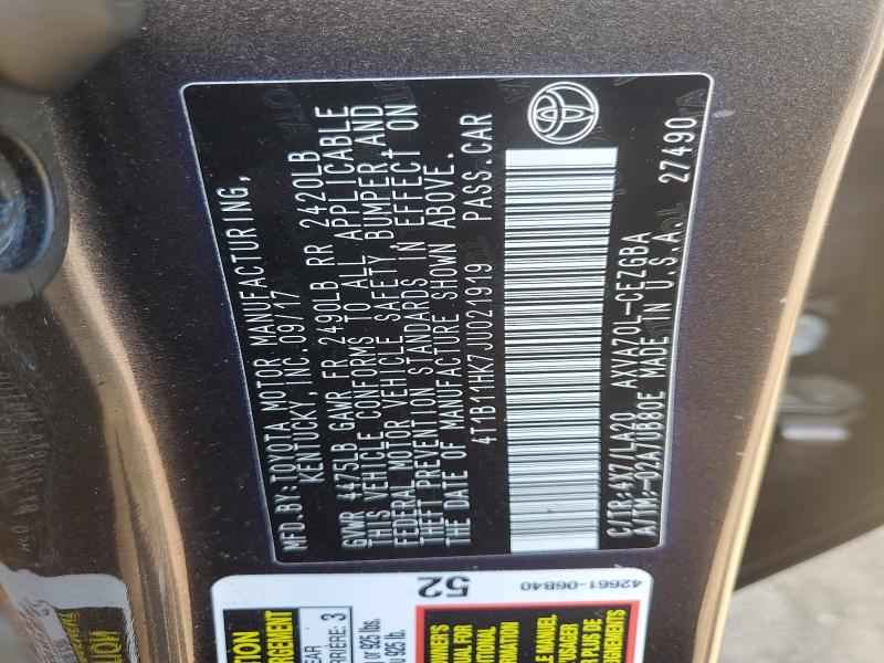 2018 Toyota Camry მანქანა იყიდება აუქციონზე, vin: 4T1B11HK7JU021919, აუქციონის ნომერი: 54051286