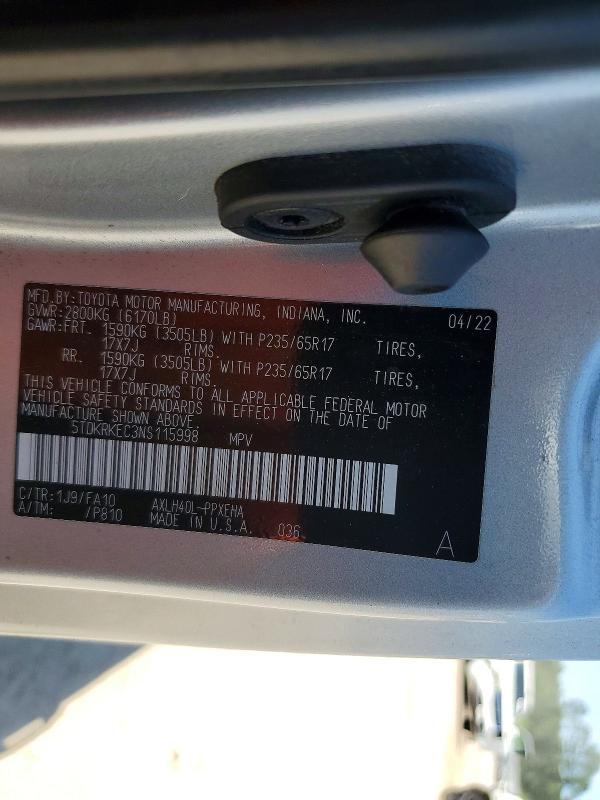 54200416 :رقم المزاد ، 5TDKRKEC3NS115998 vin ، 2022 Toyota Sienna مزاد بيع