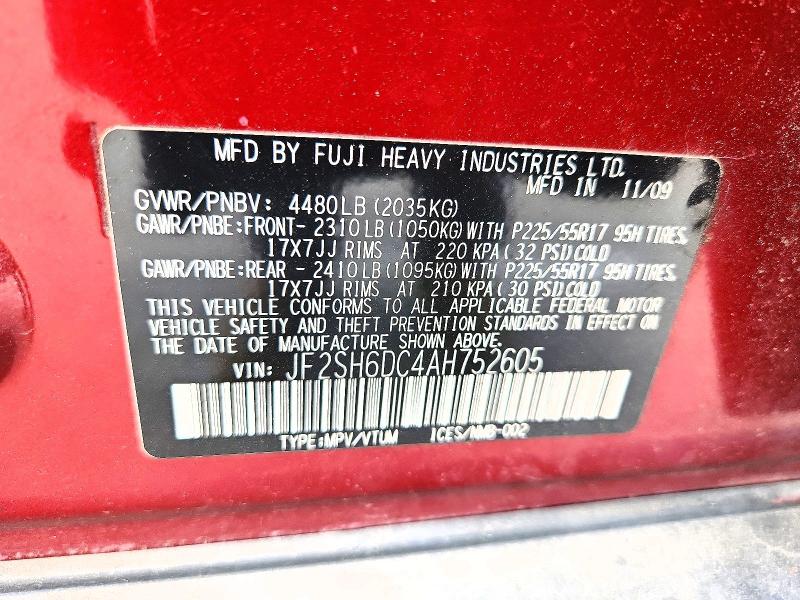 2010 Subaru Forester მანქანა იყიდება აუქციონზე, vin: JF2SH6DC4AH752605, აუქციონის ნომერი: 54308556