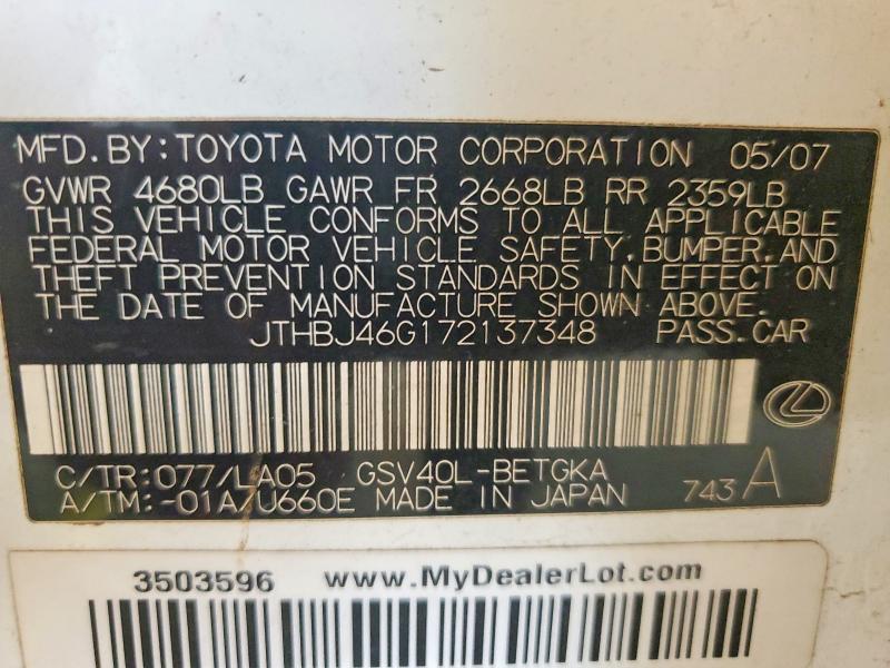 Aukcja sprzedaży 2007 Lexus Es 350 4d 2wd, vin: JTHBJ46G172137348, numer aukcji: 53302376