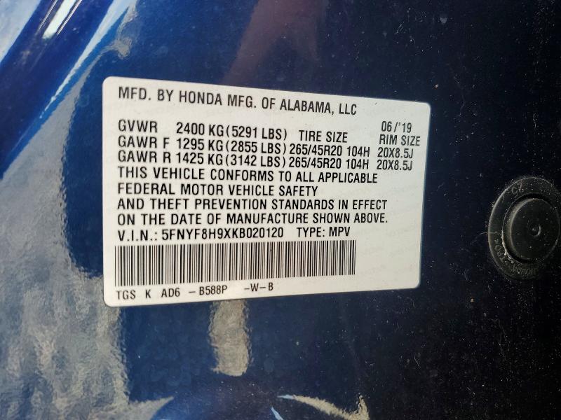 54874276 :رقم المزاد ، 5FNYF8H9XKB020120 vin ، 2019 Honda Passport مزاد بيع