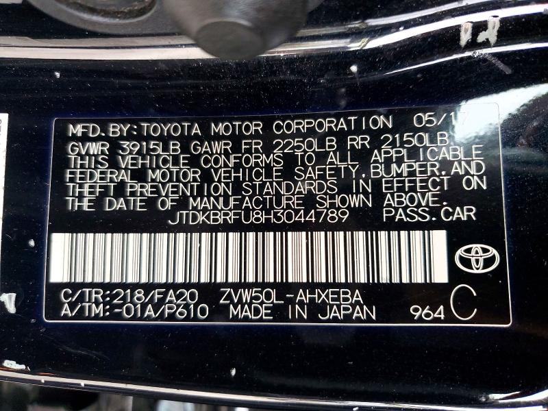 Auction sale of the 2017 Toyota Prius, vin: JTDKBRFU8H3044789, lot number: 51677546