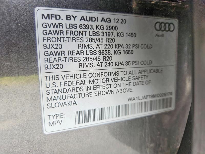 53593336 :رقم المزاد ، WA1LJAF79MD025170 vin ، 2021 Audi Q7 مزاد بيع