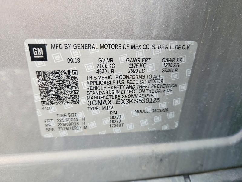 2019 Chevrolet Equinox მანქანა იყიდება აუქციონზე, vin: 3GNAXLEX3KS539125, აუქციონის ნომერი: 53509006