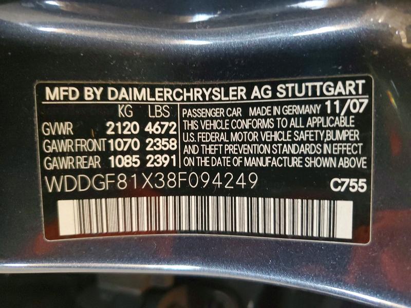 54436896 :رقم المزاد ، WDDGF81X38F094249 vin ، 2008 Mercedes-benz C مزاد بيع