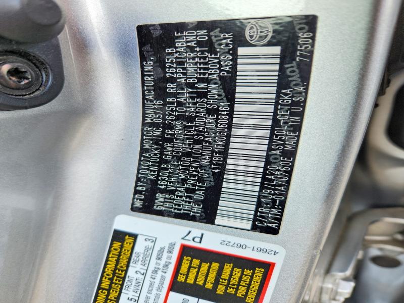 53874056 :رقم المزاد ، 4T1BF1FK0GU608461 vin ، 2016 Toyota Camry مزاد بيع