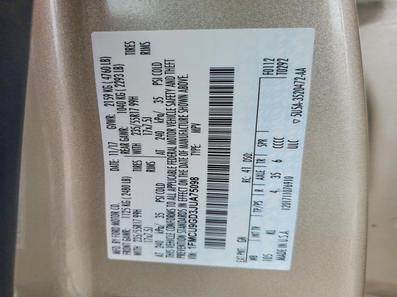 2018 Ford Escape მანქანა იყიდება აუქციონზე, vin: 1FMCU9GD3JUA75098, აუქციონის ნომერი: 52417906