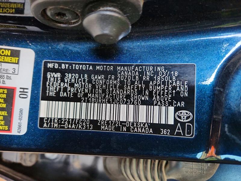 Aukcja sprzedaży 2018 Toyota Corolla, vin: 2T1BURHE1JC073760, numer aukcji: 54499646