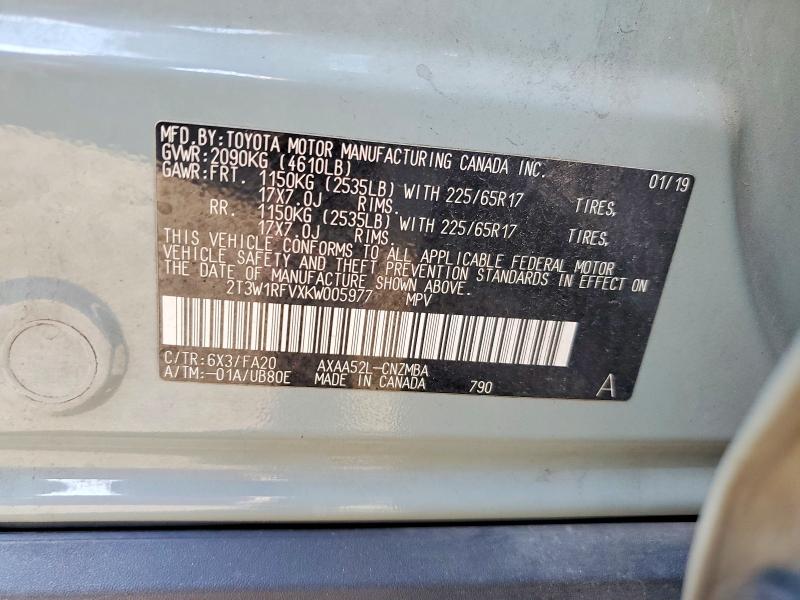 54540386 :رقم المزاد ، 2T3W1RFVXKW005977 vin ، 2019 Toyota Rav4 مزاد بيع