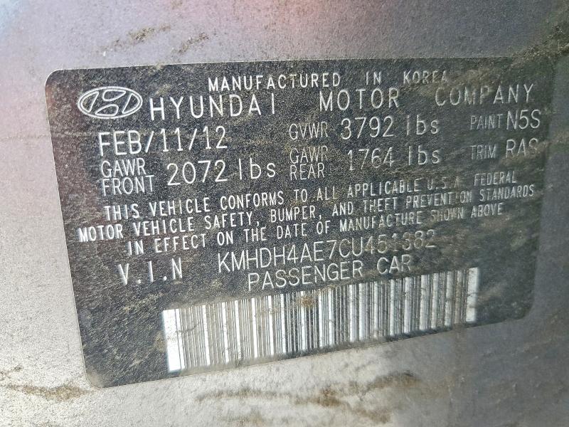 53695846 :رقم المزاد ، KMHDH4AE7CU451382 vin ، 2012 Hyundai Elantra مزاد بيع