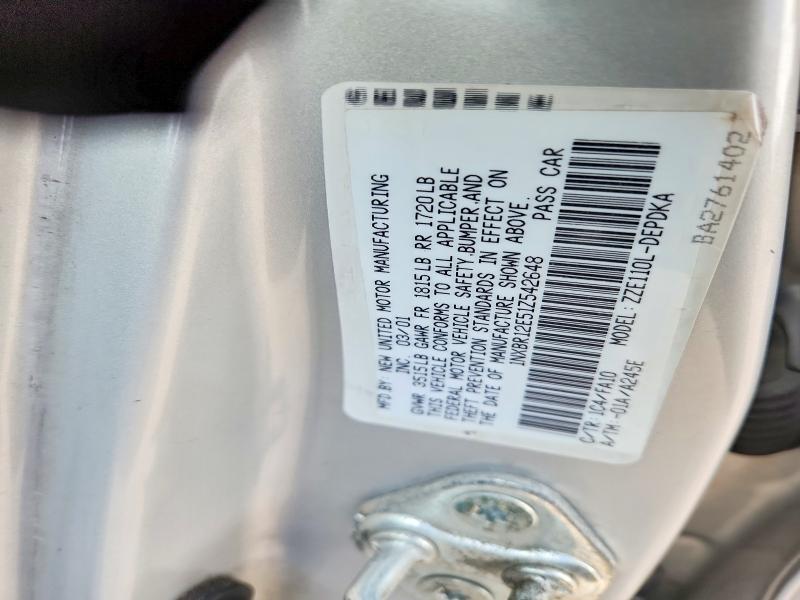 54184876 :رقم المزاد ، 1NXBR12E51Z542648 vin ، 2001 Toyota Corolla مزاد بيع