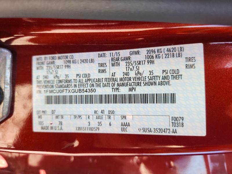 54839176 :رقم المزاد ، 1FMCU0F7XGUB54350 vin ، 2016 Ford Escape مزاد بيع