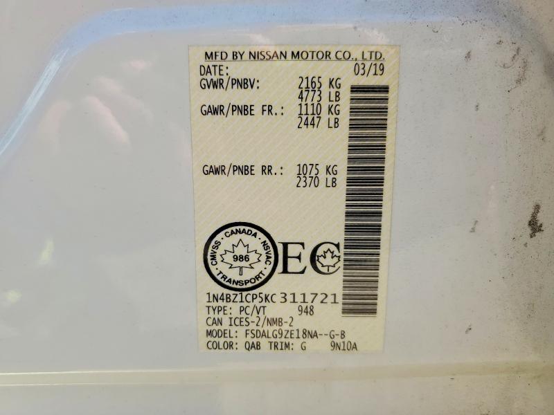 2019 Nissan Leaf მანქანა იყიდება აუქციონზე, vin: 1N4BZ1CP5KC311721, აუქციონის ნომერი: 54890006